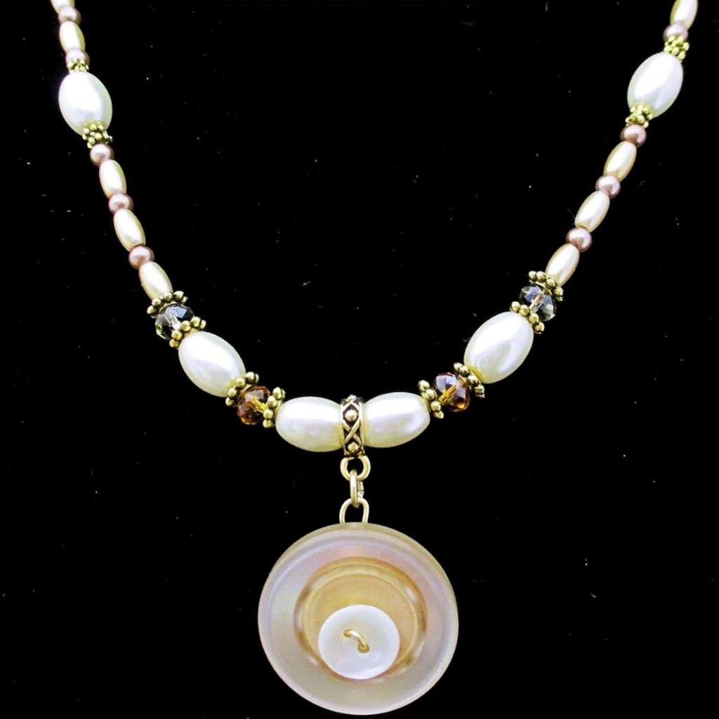 White And Beige Button And Pearl Necklace Handmade